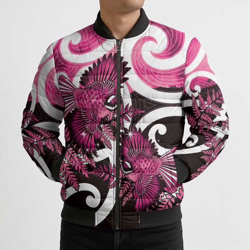 Piwakawaka New Zealand Matariki Bomber Puffer Jacket Maori New Year Silver Fern Pink Galaxy