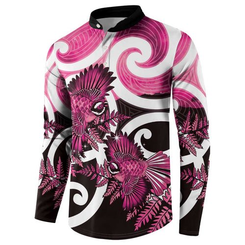 Piwakawaka New Zealand Matariki Button Sweatshirt Maori New Year Silver Fern Pink Galaxy