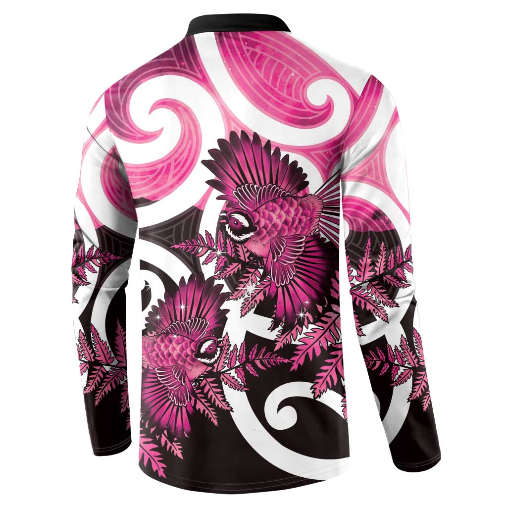 Piwakawaka New Zealand Matariki Button Sweatshirt Maori New Year Silver Fern Pink Galaxy