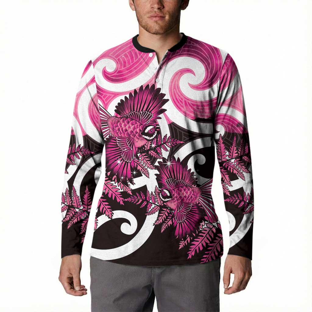 Piwakawaka New Zealand Matariki Button Sweatshirt Maori New Year Silver Fern Pink Galaxy