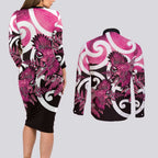 Piwakawaka New Zealand Matariki Couples Matching Long Sleeve Bodycon Dress and Long Sleeve Button Shirt Maori New Year Silver Fern Pink Galaxy