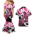 Piwakawaka New Zealand Matariki Couples Matching Mermaid Dress and Hawaiian Shirt Maori New Year Silver Fern Pink Galaxy