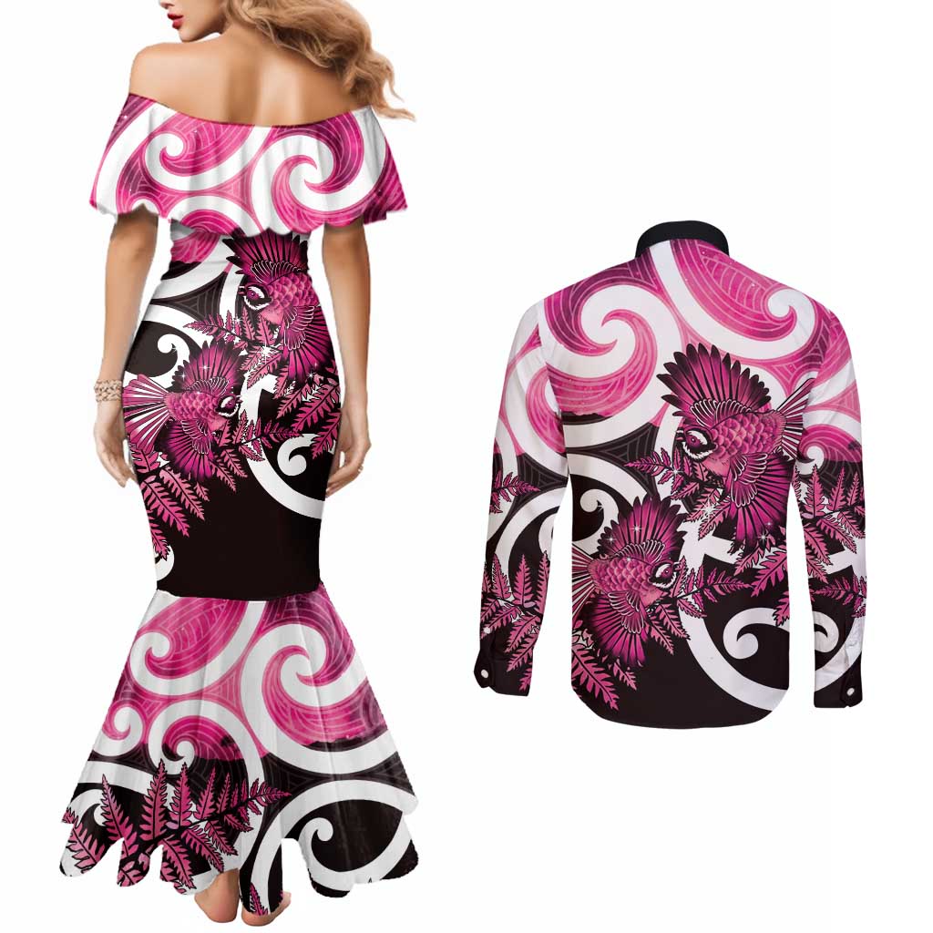 Piwakawaka New Zealand Matariki Couples Matching Mermaid Dress and Long Sleeve Button Shirt Maori New Year Silver Fern Pink Galaxy
