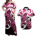 Piwakawaka New Zealand Matariki Couples Matching Off Shoulder Maxi Dress and Hawaiian Shirt Maori New Year Silver Fern Pink Galaxy