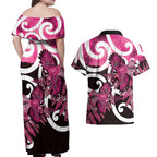 Piwakawaka New Zealand Matariki Couples Matching Off Shoulder Maxi Dress and Hawaiian Shirt Maori New Year Silver Fern Pink Galaxy