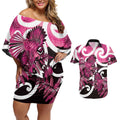 Piwakawaka New Zealand Matariki Couples Matching Off Shoulder Short Dress and Hawaiian Shirt Maori New Year Silver Fern Pink Galaxy