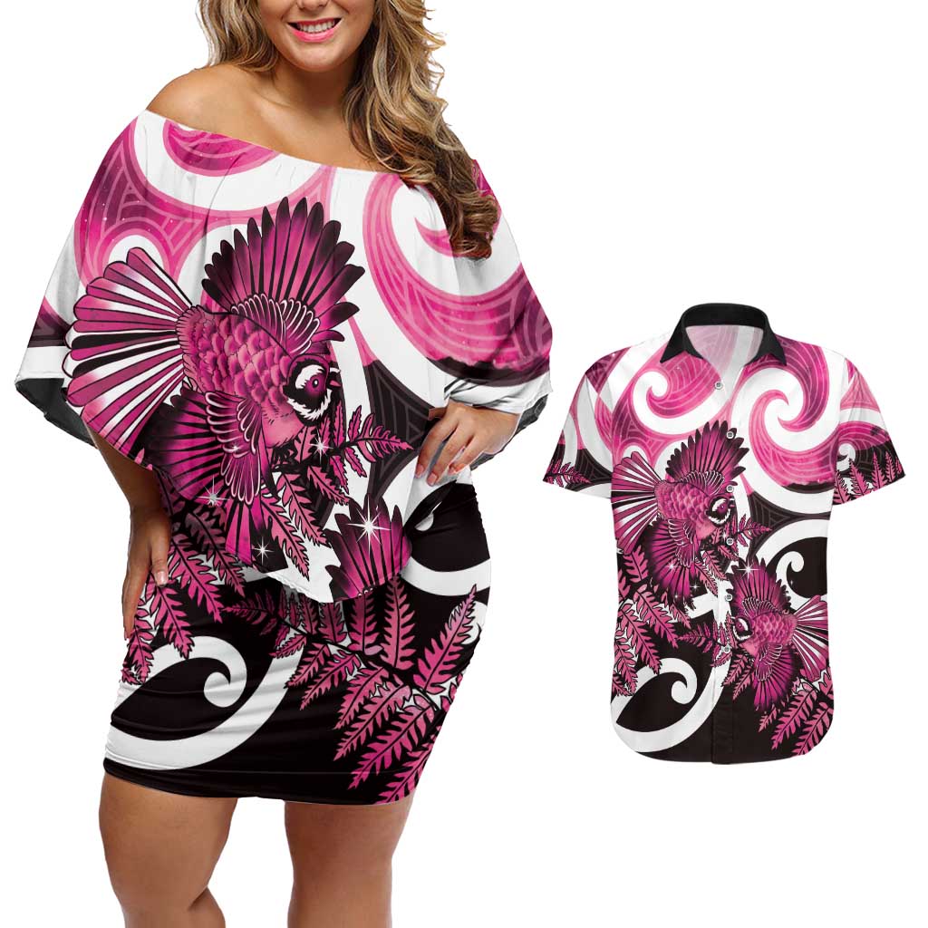Piwakawaka New Zealand Matariki Couples Matching Off Shoulder Short Dress and Hawaiian Shirt Maori New Year Silver Fern Pink Galaxy