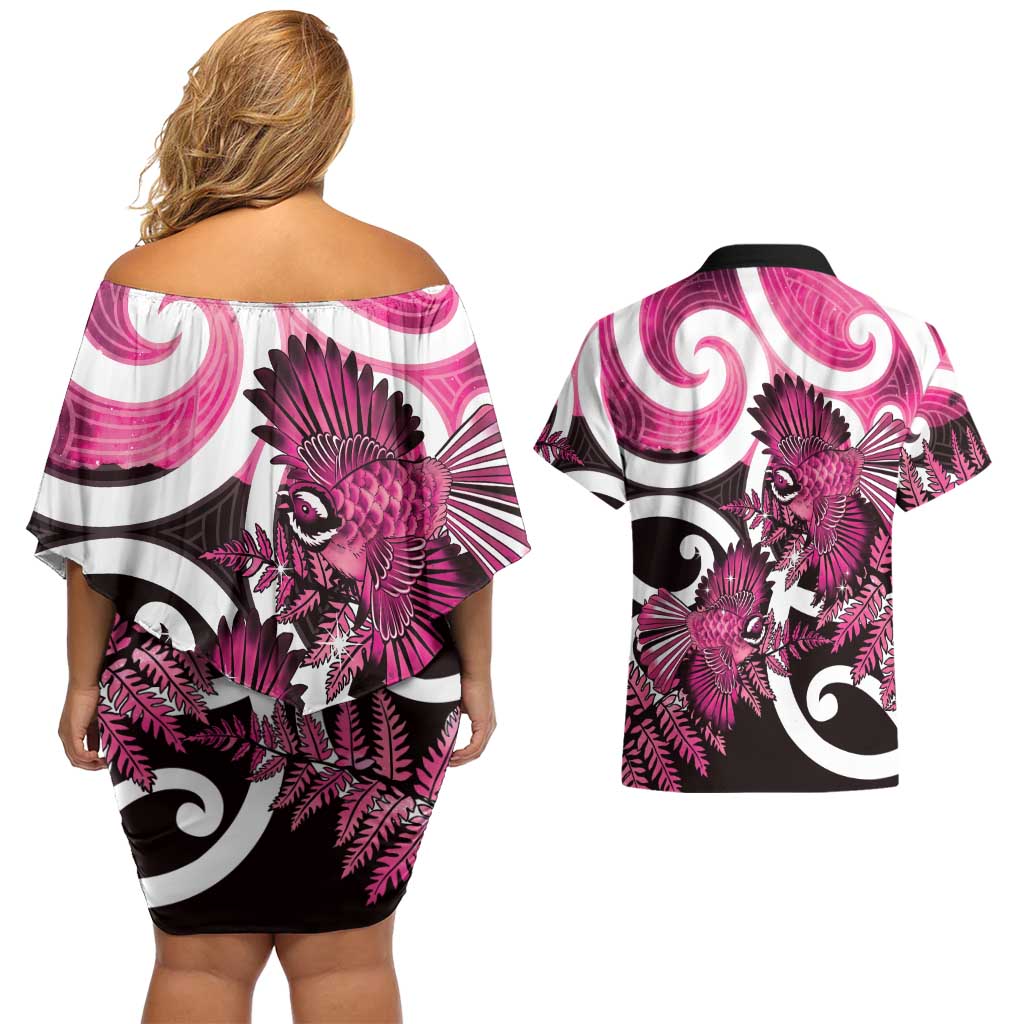 Piwakawaka New Zealand Matariki Couples Matching Off Shoulder Short Dress and Hawaiian Shirt Maori New Year Silver Fern Pink Galaxy