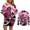 Piwakawaka New Zealand Matariki Couples Matching Off Shoulder Short Dress and Long Sleeve Button Shirt Maori New Year Silver Fern Pink Galaxy