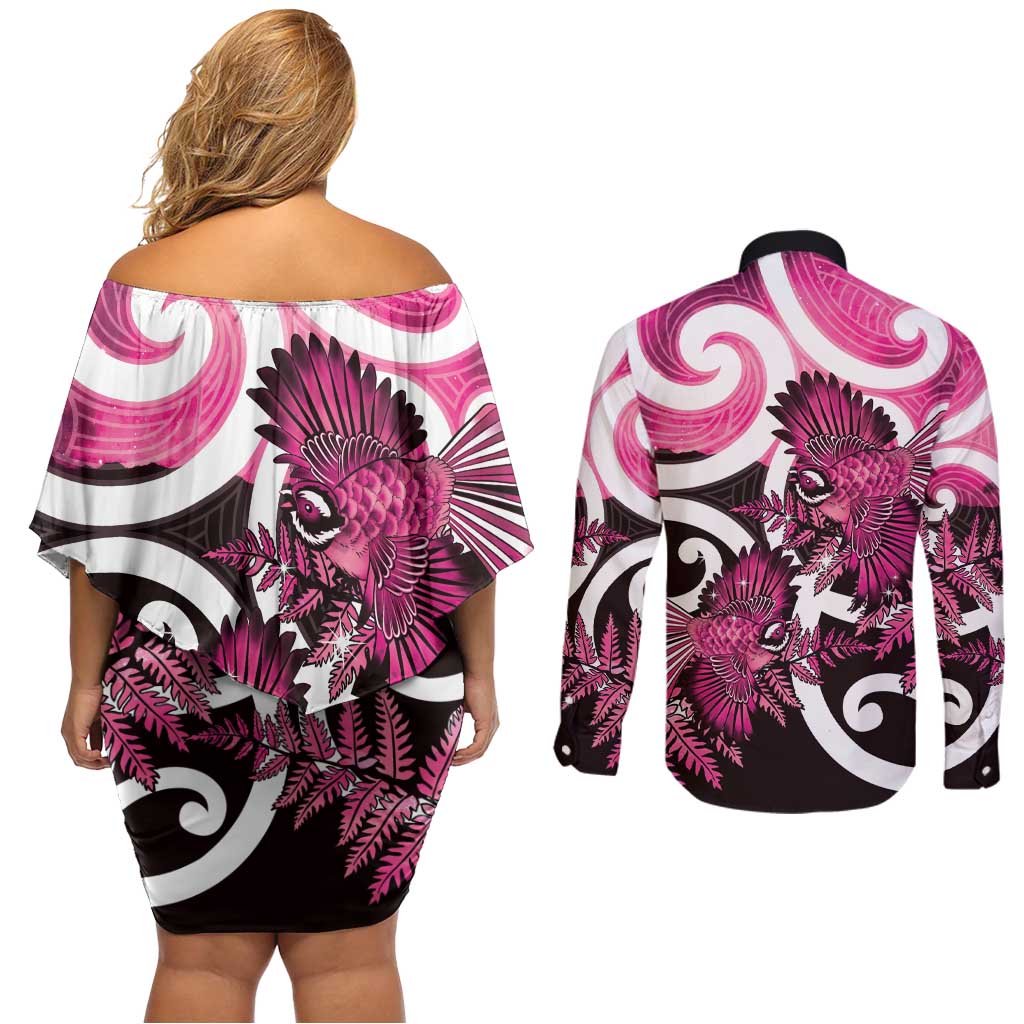 Piwakawaka New Zealand Matariki Couples Matching Off Shoulder Short Dress and Long Sleeve Button Shirt Maori New Year Silver Fern Pink Galaxy