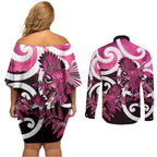 Piwakawaka New Zealand Matariki Couples Matching Off Shoulder Short Dress and Long Sleeve Button Shirt Maori New Year Silver Fern Pink Galaxy
