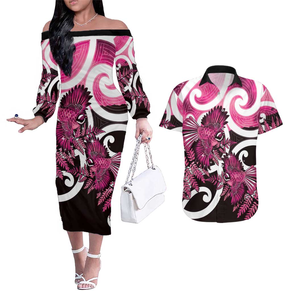 Piwakawaka New Zealand Matariki Couples Matching Off The Shoulder Long Sleeve Dress and Hawaiian Shirt Maori New Year Silver Fern Pink Galaxy