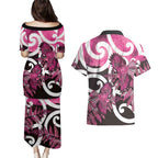 Piwakawaka New Zealand Matariki Couples Matching Puletasi and Hawaiian Shirt Maori New Year Silver Fern Pink Galaxy