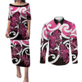 Piwakawaka New Zealand Matariki Couples Matching Puletasi and Long Sleeve Button Shirt Maori New Year Silver Fern Pink Galaxy