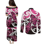 Piwakawaka New Zealand Matariki Couples Matching Puletasi and Long Sleeve Button Shirt Maori New Year Silver Fern Pink Galaxy