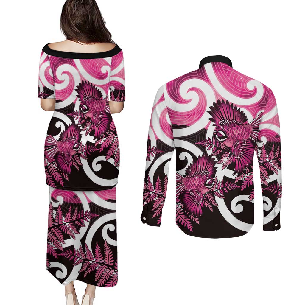 Piwakawaka New Zealand Matariki Couples Matching Puletasi and Long Sleeve Button Shirt Maori New Year Silver Fern Pink Galaxy