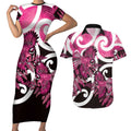 Piwakawaka New Zealand Matariki Couples Matching Short Sleeve Bodycon Dress and Hawaiian Shirt Maori New Year Silver Fern Pink Galaxy