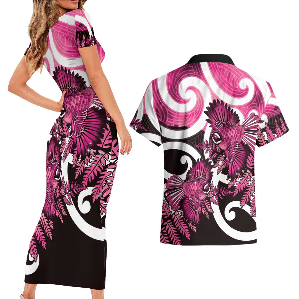 Piwakawaka New Zealand Matariki Couples Matching Short Sleeve Bodycon Dress and Hawaiian Shirt Maori New Year Silver Fern Pink Galaxy