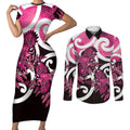 Piwakawaka New Zealand Matariki Couples Matching Short Sleeve Bodycon Dress and Long Sleeve Button Shirt Maori New Year Silver Fern Pink Galaxy