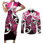 Piwakawaka New Zealand Matariki Couples Matching Short Sleeve Bodycon Dress and Long Sleeve Button Shirt Maori New Year Silver Fern Pink Galaxy