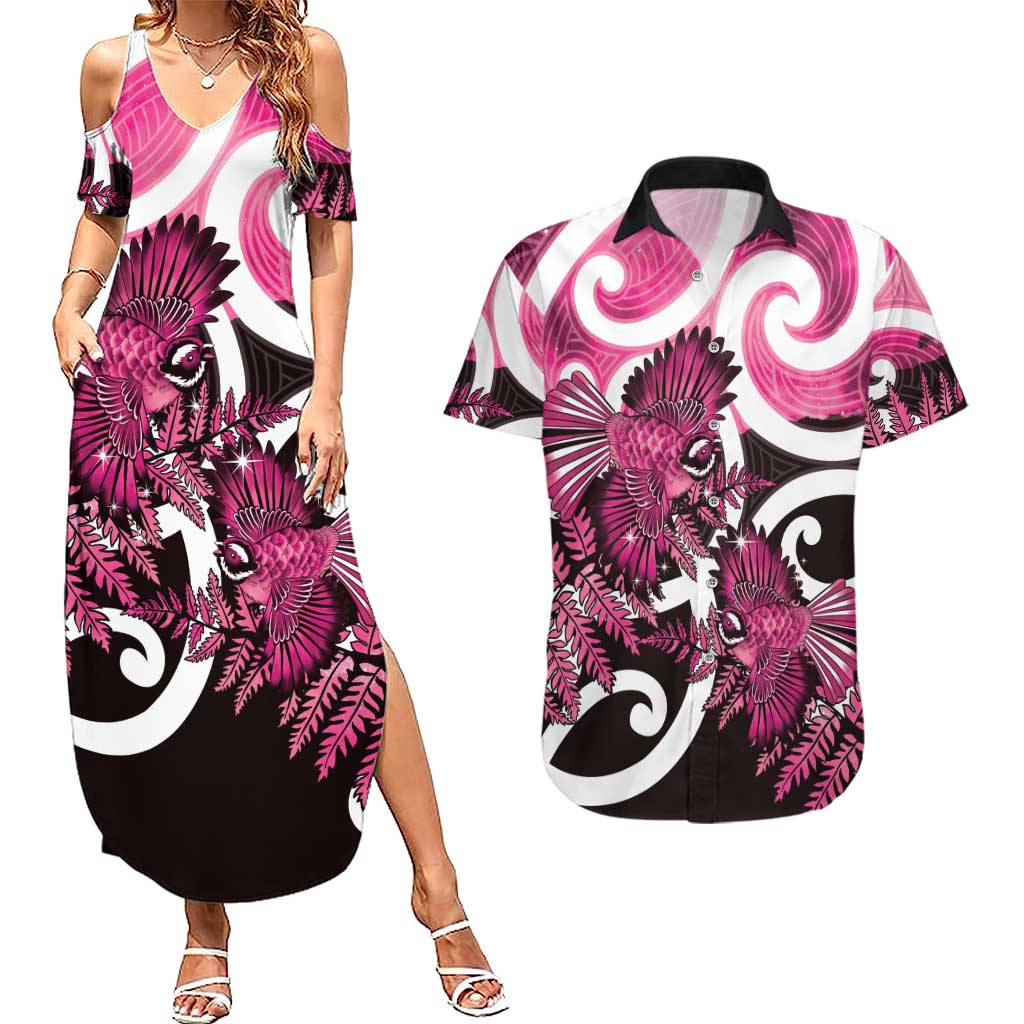 Piwakawaka New Zealand Matariki Couples Matching Summer Maxi Dress and Hawaiian Shirt Maori New Year Silver Fern Pink Galaxy