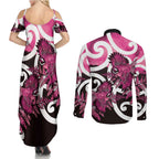 Piwakawaka New Zealand Matariki Couples Matching Summer Maxi Dress and Long Sleeve Button Shirt Maori New Year Silver Fern Pink Galaxy