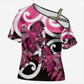 Piwakawaka New Zealand Matariki Cross Shoulder Shirt Maori New Year Silver Fern Pink Galaxy