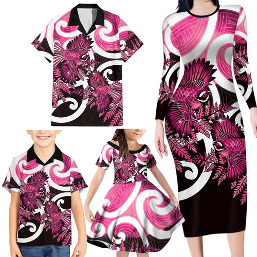 Piwakawaka New Zealand Matariki Family Matching Long Sleeve Bodycon Dress and Hawaiian Shirt Maori New Year Silver Fern Pink Galaxy