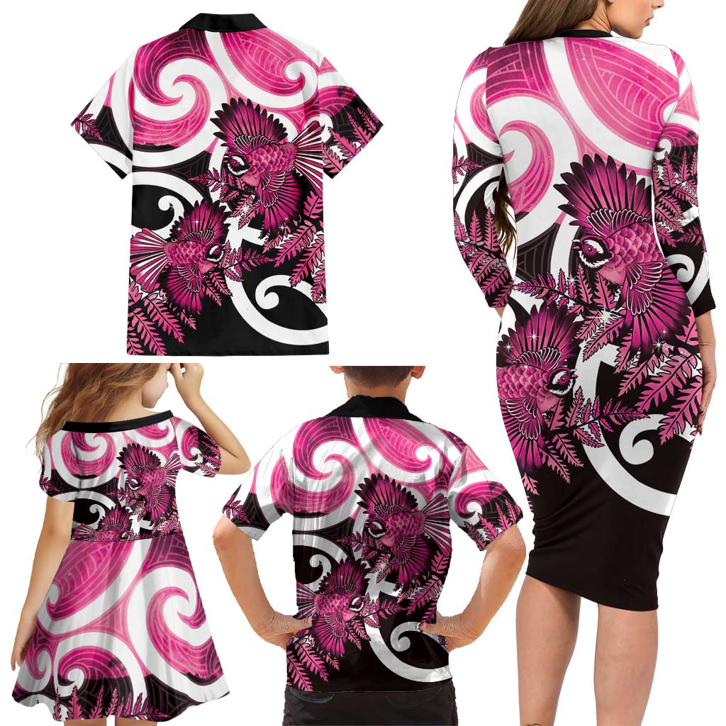 Piwakawaka New Zealand Matariki Family Matching Long Sleeve Bodycon Dress and Hawaiian Shirt Maori New Year Silver Fern Pink Galaxy
