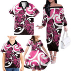 Piwakawaka New Zealand Matariki Family Matching Off The Shoulder Long Sleeve Dress and Hawaiian Shirt Maori New Year Silver Fern Pink Galaxy