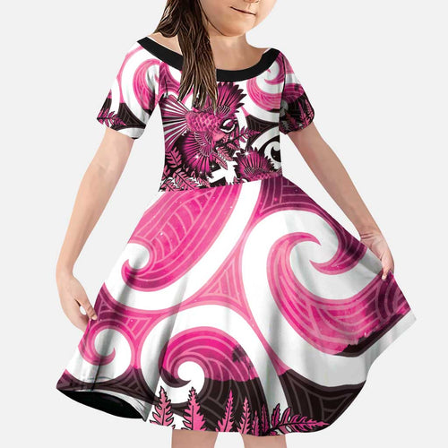 Piwakawaka New Zealand Matariki Family Matching Off The Shoulder Long Sleeve Dress and Hawaiian Shirt Maori New Year Silver Fern Pink Galaxy