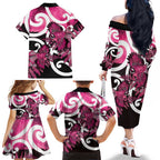 Piwakawaka New Zealand Matariki Family Matching Off The Shoulder Long Sleeve Dress and Hawaiian Shirt Maori New Year Silver Fern Pink Galaxy