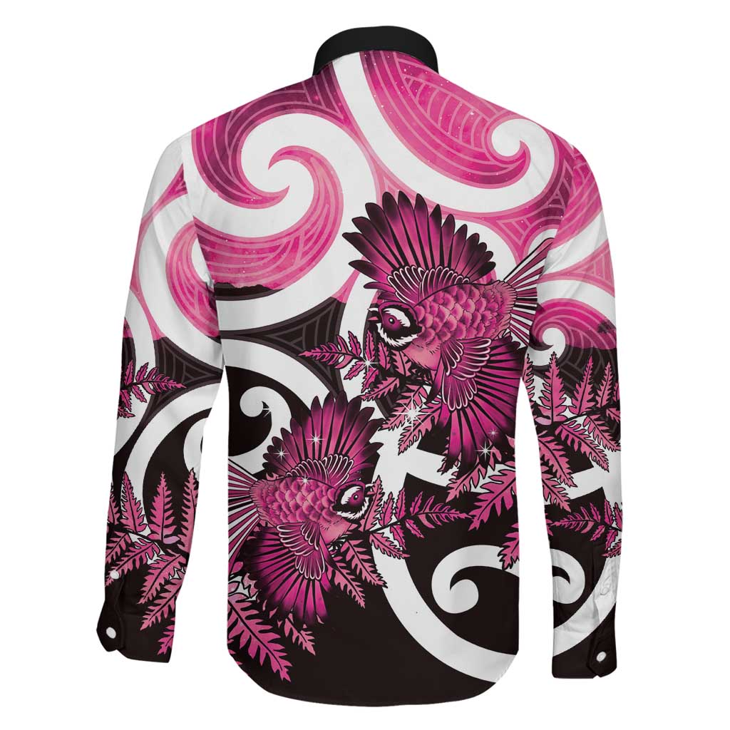 Piwakawaka New Zealand Matariki Family Matching Off The Shoulder Long Sleeve Dress and Hawaiian Shirt Maori New Year Silver Fern Pink Galaxy