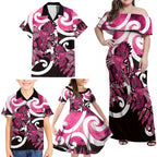 Piwakawaka New Zealand Matariki Family Matching Off Shoulder Maxi Dress and Hawaiian Shirt Maori New Year Silver Fern Pink Galaxy