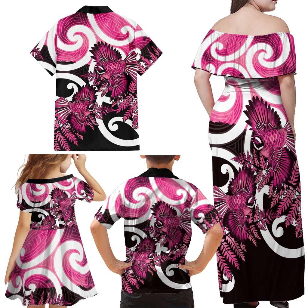 Piwakawaka New Zealand Matariki Family Matching Off Shoulder Maxi Dress and Hawaiian Shirt Maori New Year Silver Fern Pink Galaxy