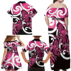 Piwakawaka New Zealand Matariki Family Matching Off Shoulder Maxi Dress and Hawaiian Shirt Maori New Year Silver Fern Pink Galaxy