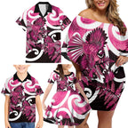 Piwakawaka New Zealand Matariki Family Matching Off Shoulder Short Dress and Hawaiian Shirt Maori New Year Silver Fern Pink Galaxy