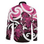 Piwakawaka New Zealand Matariki Family Matching Off Shoulder Short Dress and Hawaiian Shirt Maori New Year Silver Fern Pink Galaxy