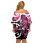 Piwakawaka New Zealand Matariki Family Matching Off Shoulder Short Dress and Hawaiian Shirt Maori New Year Silver Fern Pink Galaxy