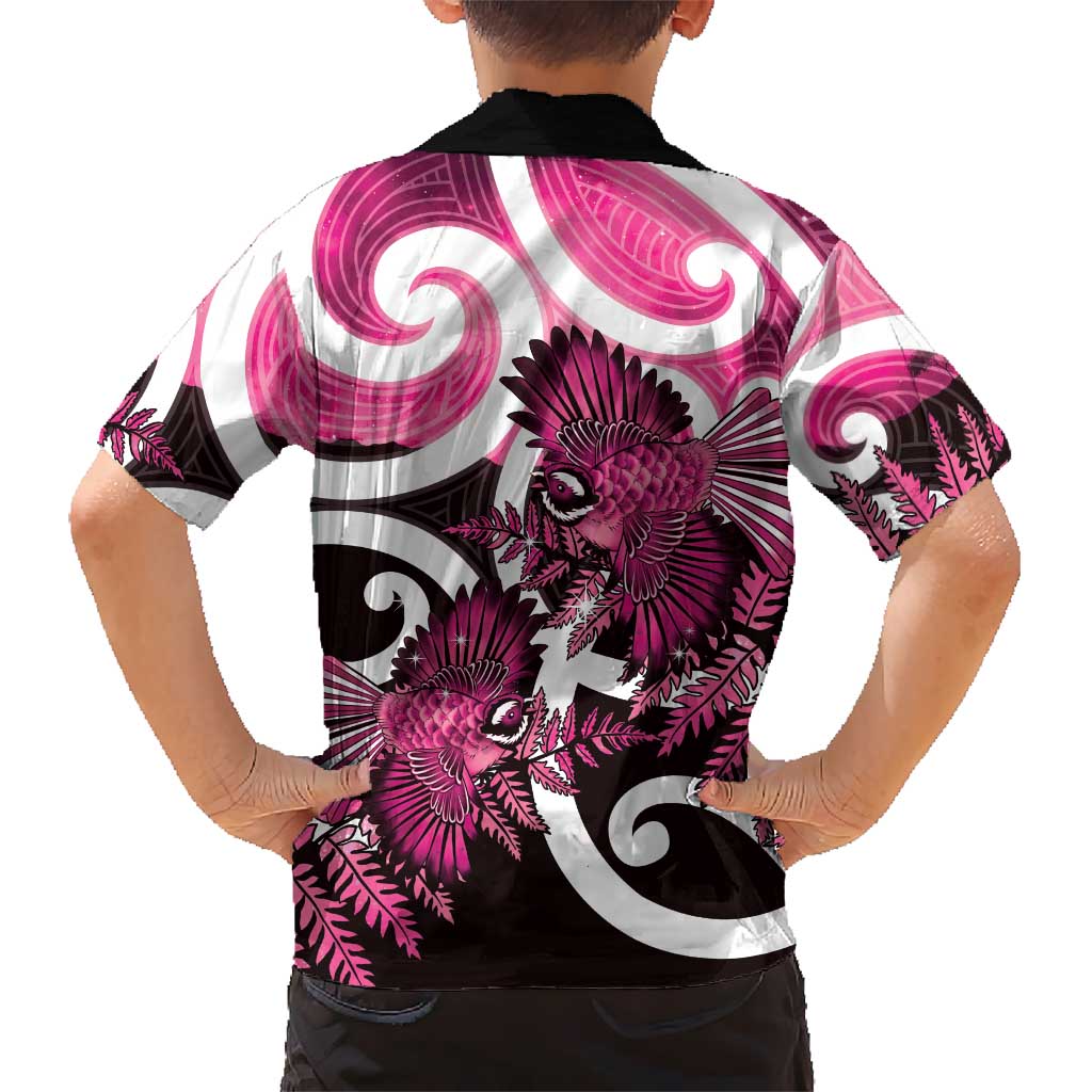 Piwakawaka New Zealand Matariki Family Matching Puletasi and Hawaiian Shirt Maori New Year Silver Fern Pink Galaxy