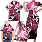 Piwakawaka New Zealand Matariki Family Matching Short Sleeve Bodycon Dress and Hawaiian Shirt Maori New Year Silver Fern Pink Galaxy