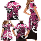 Piwakawaka New Zealand Matariki Family Matching Short Sleeve Bodycon Dress and Hawaiian Shirt Maori New Year Silver Fern Pink Galaxy