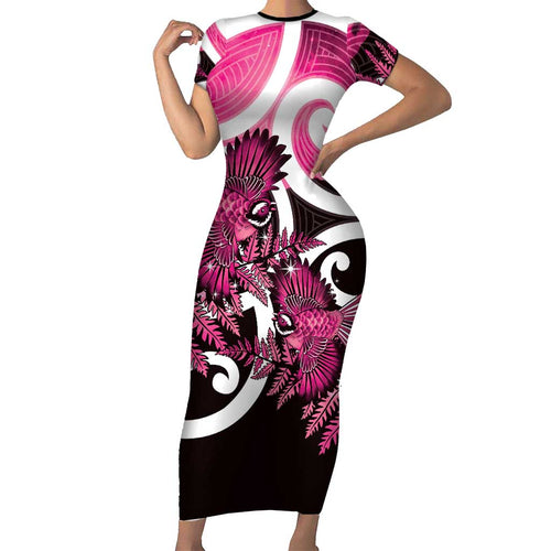 Piwakawaka New Zealand Matariki Family Matching Short Sleeve Bodycon Dress and Hawaiian Shirt Maori New Year Silver Fern Pink Galaxy
