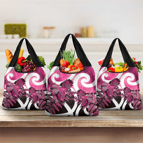 Piwakawaka New Zealand Matariki Grocery Bag Maori New Year Silver Fern Pink Galaxy