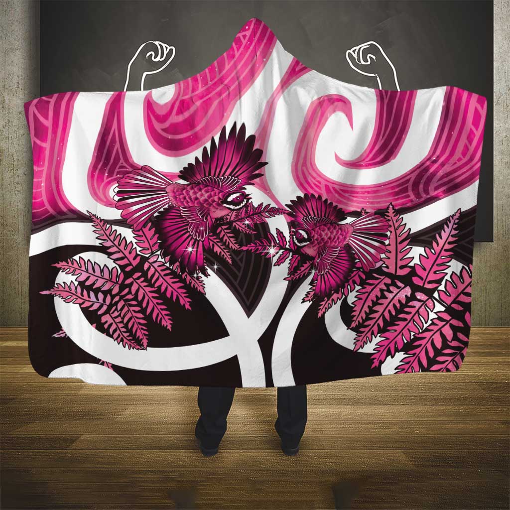 Piwakawaka New Zealand Matariki Hooded Blanket Maori New Year Silver Fern Pink Galaxy