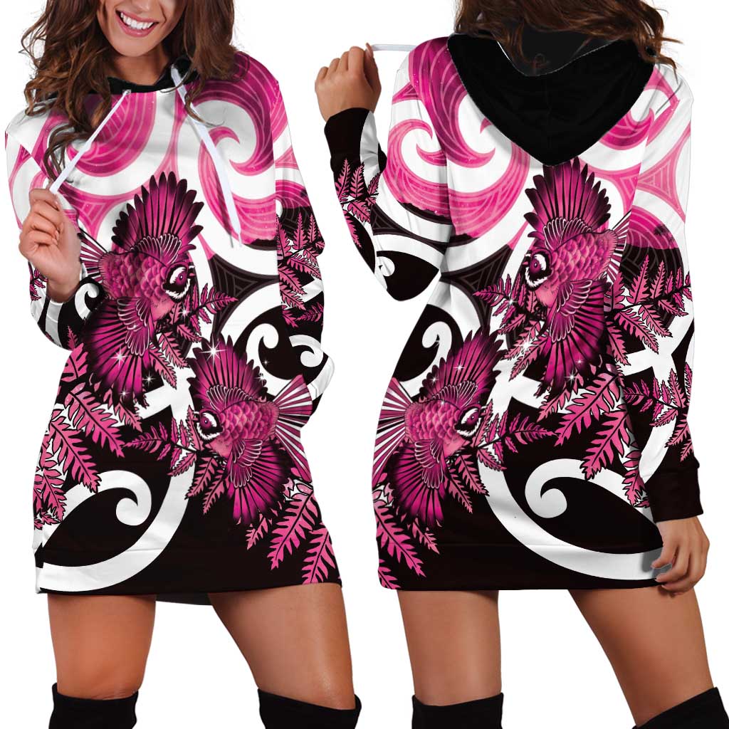 Piwakawaka New Zealand Matariki Hoodie Dress Maori New Year Silver Fern Pink Galaxy