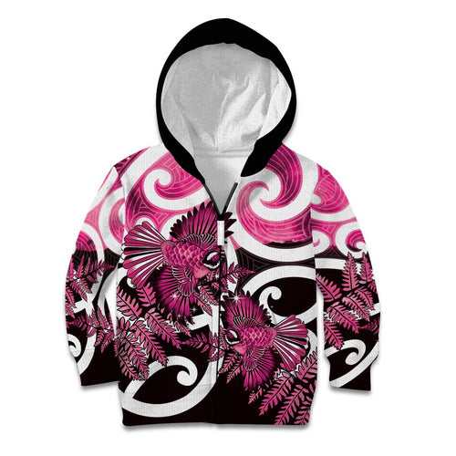 Piwakawaka New Zealand Matariki Kid Hoodie Maori New Year Silver Fern Pink Galaxy
