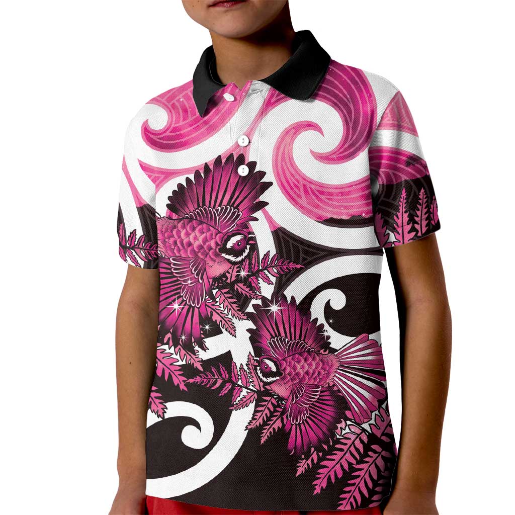 Piwakawaka New Zealand Matariki Kid Polo Shirt Maori New Year Silver Fern Pink Galaxy