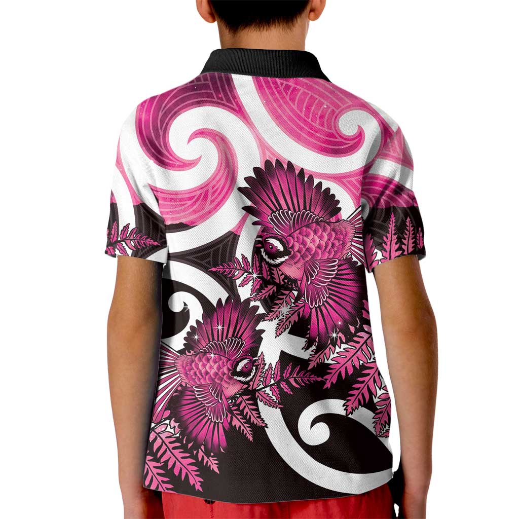 Piwakawaka New Zealand Matariki Kid Polo Shirt Maori New Year Silver Fern Pink Galaxy