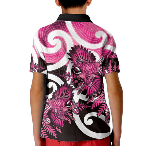 Piwakawaka New Zealand Matariki Kid Polo Shirt Maori New Year Silver Fern Pink Galaxy